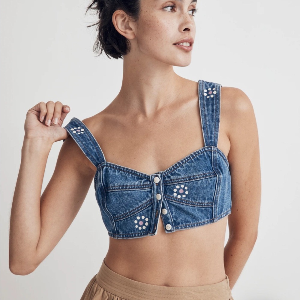 Madewell Denim Button-Up Crop Top with Floral Accents